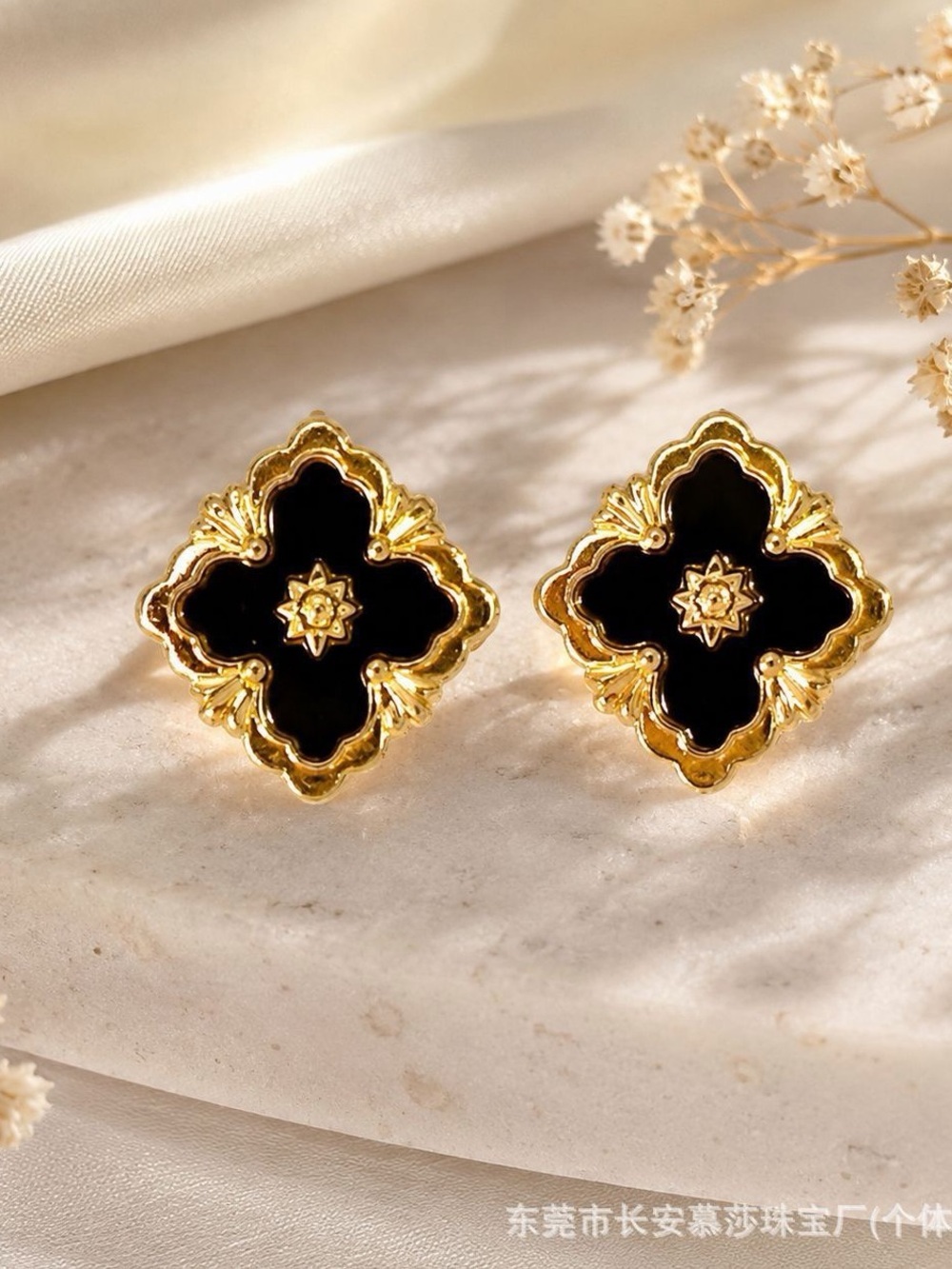 Gold Black Enamel Floral Quatrefoil Stud Earrings